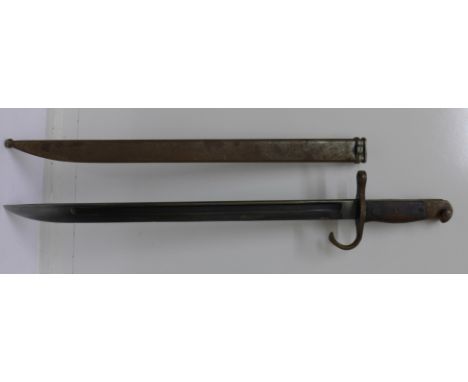 A bayonet with scabbard and a powder flask