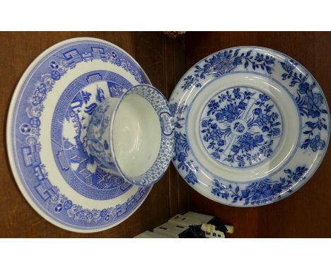 A Wedgwood blue and white plate, Spode cake plate and an Adams Tokio bowl