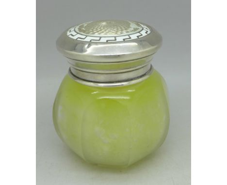 A silver and enamel topped lidded glass jar, enamel a/f