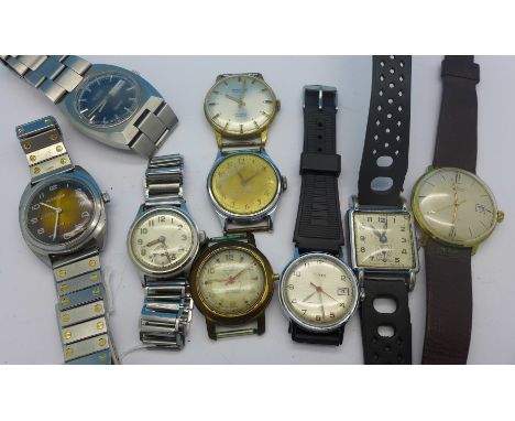 Nine manual wind wristwatches, including Junghans Meister and 1940's with Bonklip style strap