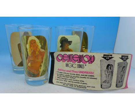 A set of four 1970's Centrefold magic hi-ball tumblers, with original instructions