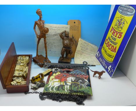 Bone dominoes in a wooden box, an enamel sign, two carved figures, etc.