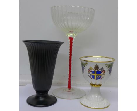 A Wedgwood vase, a large glass and a commemorative Spode cup