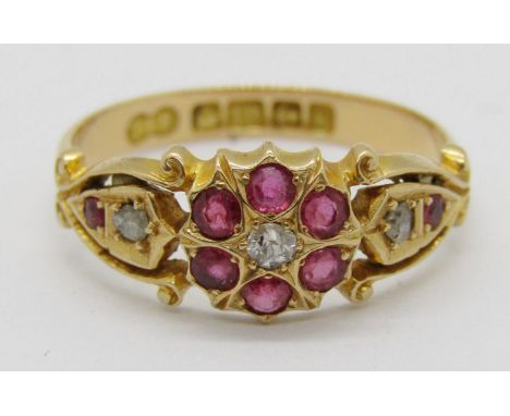 Edwardian 18ct ruby and diamond cluster ring, maker Deakin &amp; Francis Ltd, Birmingham 1909, size P, 3g 