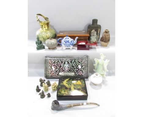 An interesting miscellaneous collection: Chinese and other object d’art to include a caddy flask with decorative figural vign
