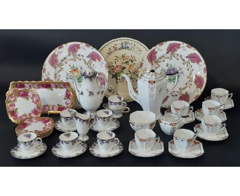 An art deco Shelley Red Daisy Queen Anne tea set for six, Royal Doulton coffee service with violet banded borders, and a Roya