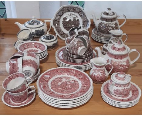 A quantity of Adams monochrome ‘English Scenic’ pattern tea and coffee wares in rose and brown and black colourways, together