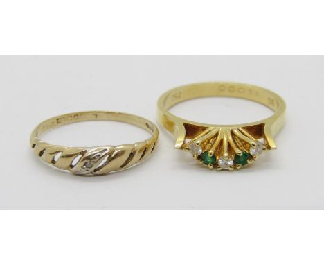 18ct emerald and diamond dress ring with raised setting, size M, 3g and a 9ct diamond chip ring, 0.7g 