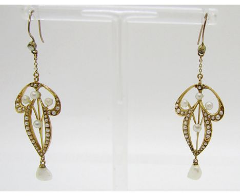 Pair of Art Nouveau 14k seed and baroque pearl drop earrings, 6cm L approx, 4.9g (a few seed pearls vacant) 