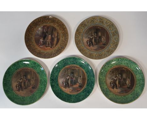 Five 19th century Prattware plates, three with malachite borders, two with repeating oak leak borders, with individual scenes