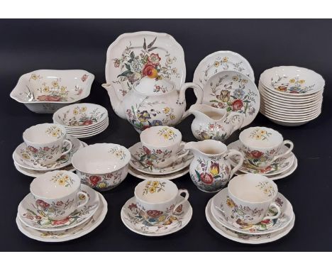 A quantity of Copeland Spode Gainsborough transfer-printed and over-painted teawares comprising teapot, two milk jugs, sugar 