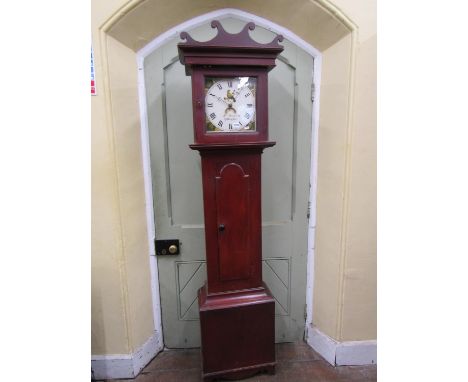 A 19th century cottage longcase clock with mahogany grained finish, the hood enclosing a square painted dial with subsidiary 