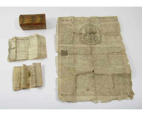 An interesting collection, 18th century object d’art and ephemera to include a small straw work casket of domed form with hin