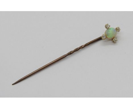 Antique yellow metal opal and quatrefoil diamond stick pin, 0.8g 