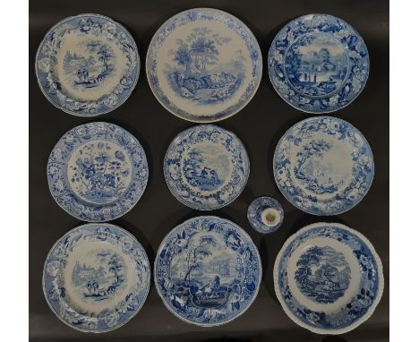 A mixed collection of 19th century English blue and white transfer printed wares to include a Checham &amp; Robinson 'Parklan