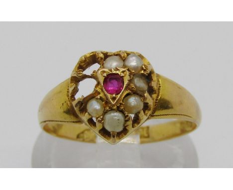 Victorian 15ct ruby and pearl heart cluster ring, maker 'A.A', with lozenge mark, size L, 2.2g (af) 
