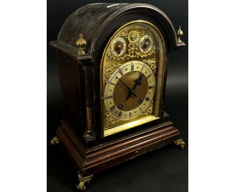 A mahogany cased bracket clock with silvered chapter ring and subsidiary dials, 37cm high 