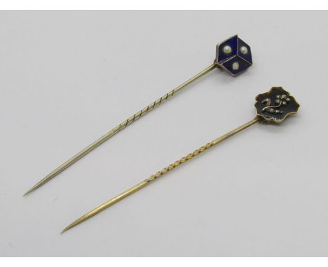 Victorian yellow metal mourning stick pin with black enamel terminal with rose-cut diamond set forget-me-not, together with a