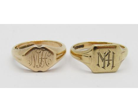 Two early-mid 20th century 9ct signet rings, each engraved with initials 'MH', sizes J &amp; M/N, 7g total 