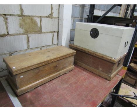 A vintage stripped pine box with hinged lid, drop side carrying handles and exposed dovetail construction, 32 cm high x 86 cm