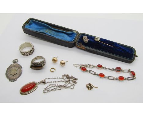 A mixed group of jewellery to include a ruby and rose-cut diamond stick pin, a further quatrefoil pearl and rose-cut diamond 
