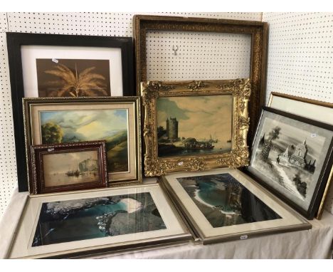 A group of framed prints and paintings and a 19th century gilt gesso frame, to include: Katryna Tyczenko - Landcape oil on bo