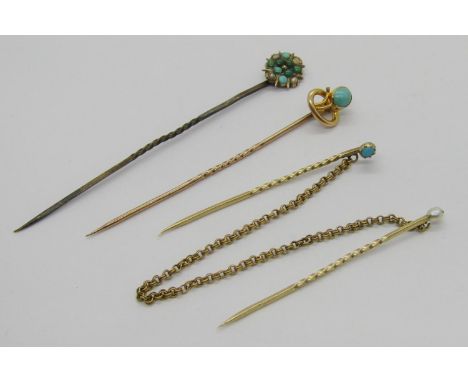 Three antique stick pins comprising an Art Nouveau style 15ct turquoise example, a Victorian turquoise and seed pearl cluster