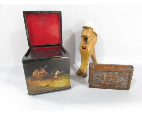 A Russian lacquered tea caddy with painted Troika Scenes to the four sides and lid (unsigned) together with a novelty wooden 