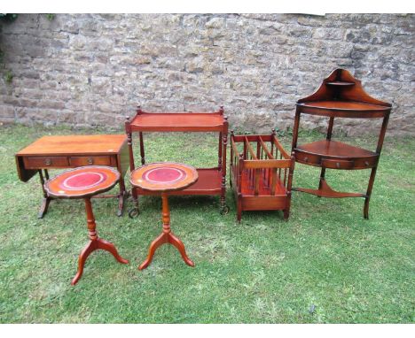 A collection of reproduction occasion furniture to include a corner wash stand, Canterbury, pair of pie-crust tripod occasion