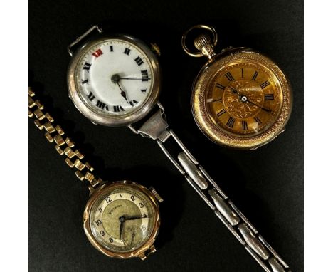 A small 19th century continental yellow metal fob watch, an antique silver cased wristwatch and a yellow metal cased Rotary w