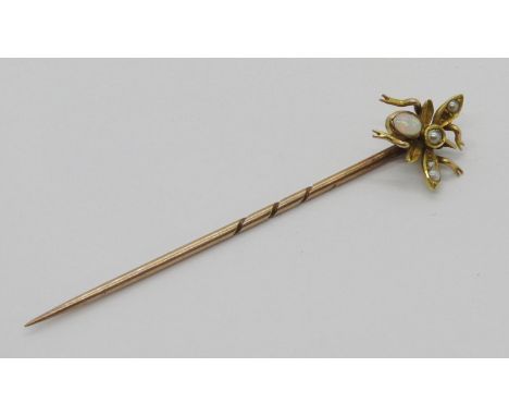 Antique yellow metal stick pin modelled as a fly with opal body and seed pearls to the wings, 1.5g (one seed pearl vacant) 