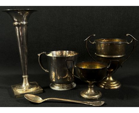 A mixed selection of silver, including a small cup, a posy vase a Christening sterling spoon with Peter on it, a posy vase, a
