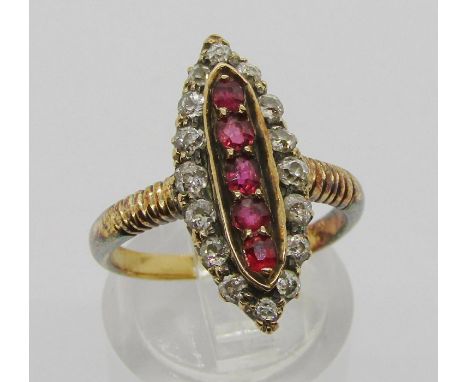 Antique 18ct spinel and diamond marquise cluster ring, maker 'JM.ML', size M, 4.2g