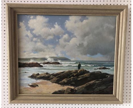 Derek Lucas (Contemporary) - Coastal scene with a man and his dog, signed lower right, oil on canvas, 46 x 56 cm, framed 