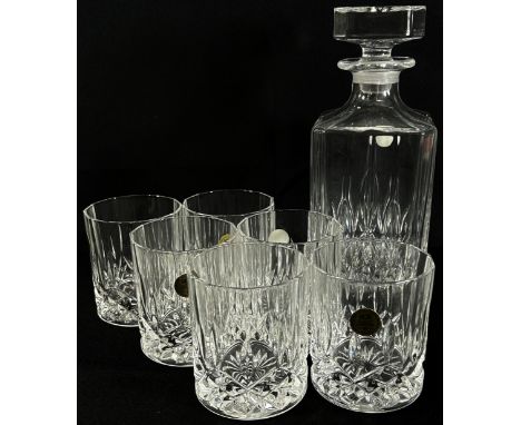 Two Bass Worthington Christmas Boxed sets of six whisky tumblers and decanter, together with two similar six wine glass sets,