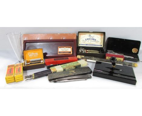 A miscellaneous vintage items including Stead Safety Razors, a set of darts with duck feathers, a box of Blue Litmus testing 