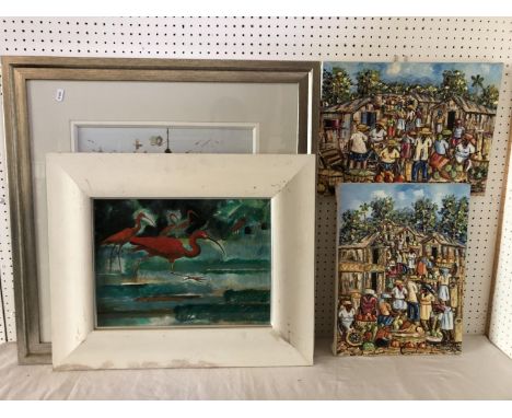 Three paintings, to include: K. Lacoste (20th Century) - Two oil paintings of market scenes, both signed below, 30 x 41 cm ea