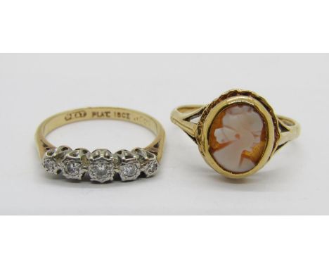 18ct five stone diamond ring, size M/N, 2.3g and a 9ct cameo ring depicting a lady in profile, size O, 2.3g 
