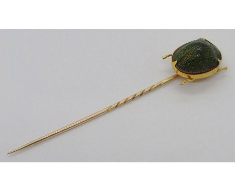 Antique Egyptian Revival yellow metal scarab beetle stick pin, 2.2g 
