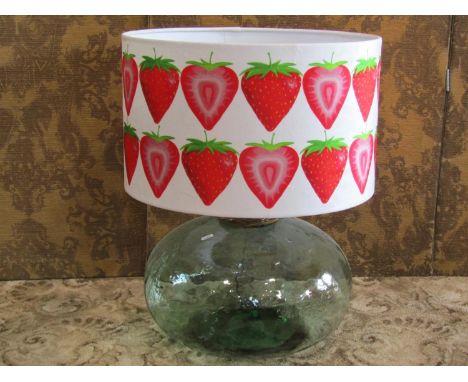 A glass bowl lamp decorative blown glass bowl/flask table lamp, with contemporary strawberries shade, 64cm high (combined) to
