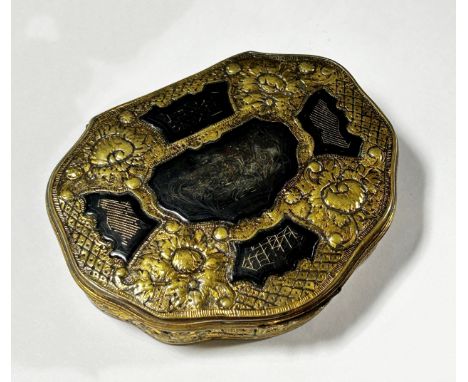An early 19th century snuff box with gilded brass frame and inset composite panels, 7cm max 