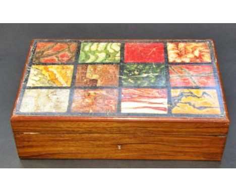 Victorian rosewood box with Trompe L'oeil marble panelled lid containing a Tunbridge ware stamp box, brass owl letter knife, 