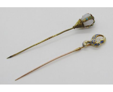 Two 19th century yellow metal stick pins; a chalcedony and turquoise example (2 turquoise vacant) and a buckle design example
