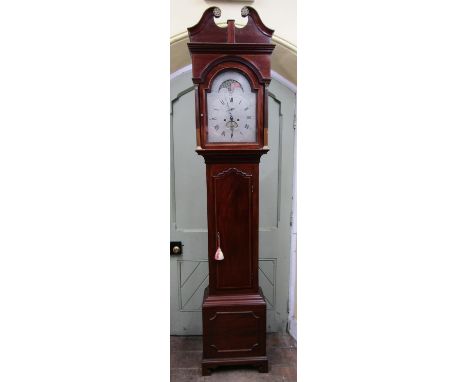 A Georgian mahogany longcase clock, the hood with swan neck pediment, the broken arch silvered dial with subsidiary calendar 