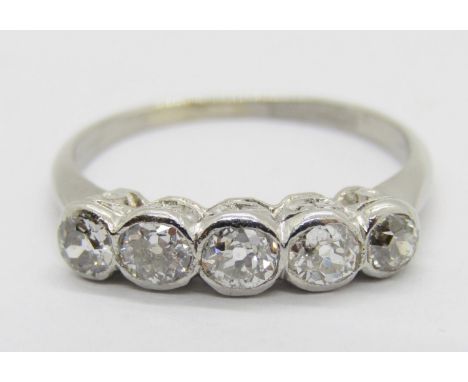 Platinum bezel set old-cut diamond five stone ring, size M/N, 3.5g 
