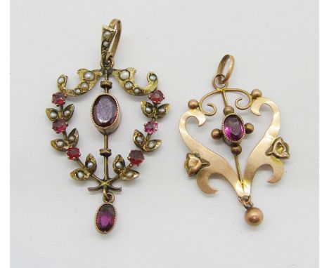 Two Edwardian 9ct pendants; a garnet and seed pearl example with laurel garland frame, maker 'H&amp;W' and a paste example (c