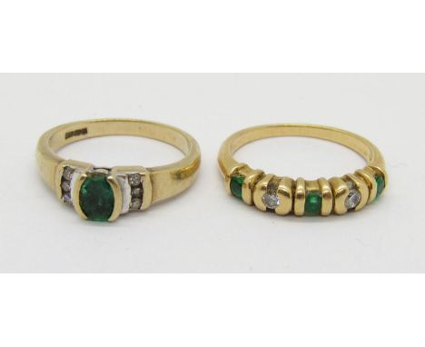 18ct five stone emerald and diamond ring, maker 'JT', size M/N, 3.4g and a further 9ct emerald and diamond cluster ring, size