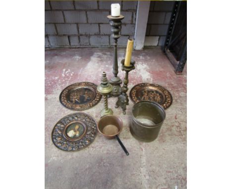 A cast brass pricket candlestick in the 18th century style, 96cm high, one other, a brass oil lamp (later converted to electr