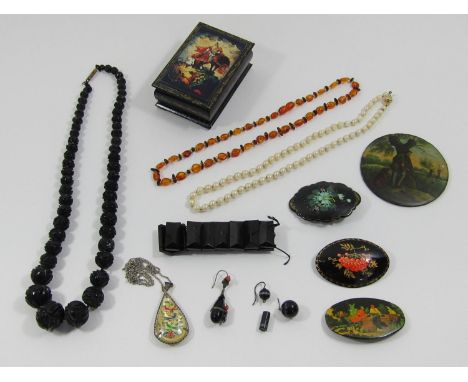 Collection of costume jewellery to include a carved Whitby jet bead necklace, a single Victorian white metal onyx drop earrin