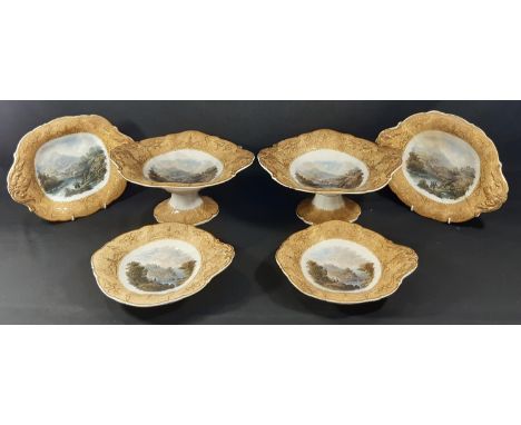 19th century Prattware dessert pieces comprising a pair of high comports and four low comports all with landscape detail, wit